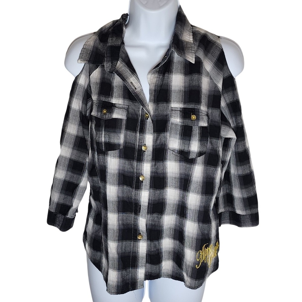 Apple Bottom Womens Black White Plaid Cold Shoulder Button Down Shirt Y2K Cotton